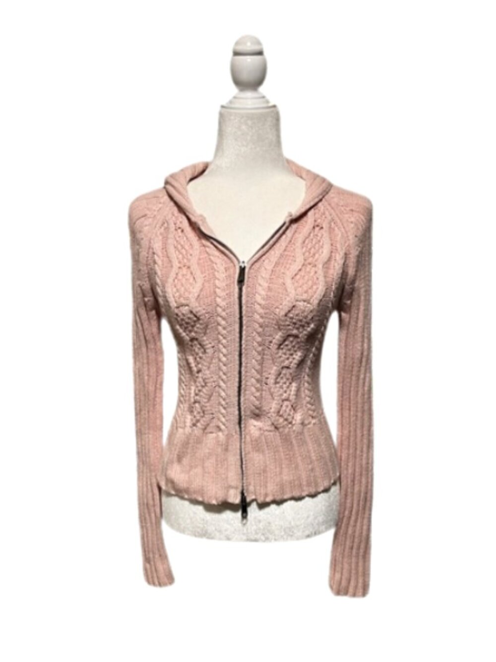 American Eagle Outfitters Y2K Pale Dusty Pink Hooded Double Zip Sweater Size Med